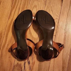 Lauren Ralph Lauren‎ Nyla Ankle Strap Heeled Sandals Brown White Size 5.5 thumbnail 4