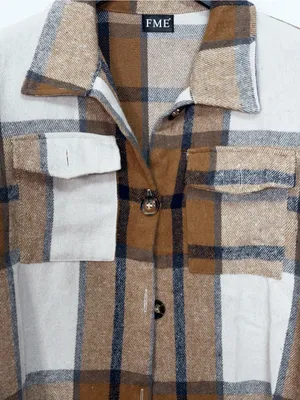 FME Camel Brown Plaid Longline Button Front High Low Shacket Jacket Size M thumbnail 3
