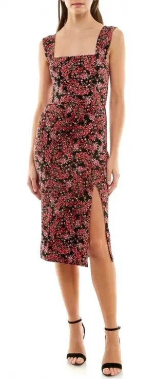 Socialite Floral Midi Dress Womens Medium Dark Romantic Black Side Slit Feminine thumbnail 1