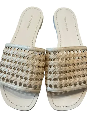 Tory Burch woven Rafia slide sandals beige leather size 6.5 thumbnail 3