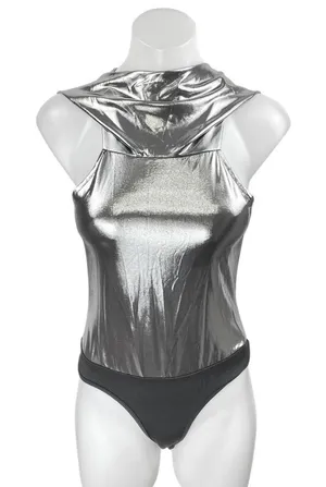 Women's Silver Gray Metallic Sleeveless Hooded Hoodie Bodysuit Tank Top Size S thumbnail 1