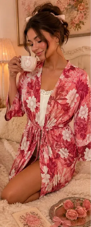 Flora Nikrooz Coral Floral Kimono Robe Loungewear Sleepwear Size Medium thumbnail 1