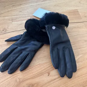 UGG Black Leather Gloves with Fur Trim thumbnail 1