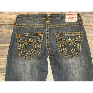 True Religion Joey Super T Straight Leg Jeans Orange‎ Yellow Stitch BLING Y2K 26 thumbnail 10