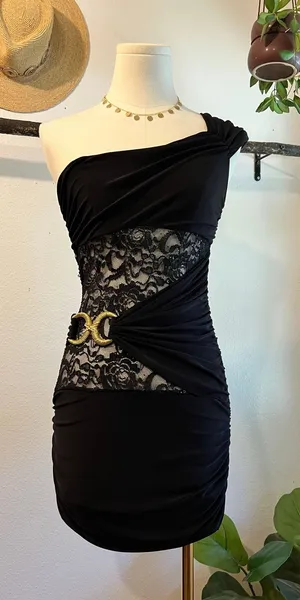 USA De More Y2K Black Stretchy Lace One Shoulder Gold Buckle Dress Size XS thumbnail 1