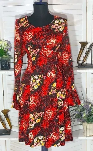 Vintage 70s Floral Dress Red Black flared sleeve boho fairy festival Ren fair M thumbnail 1