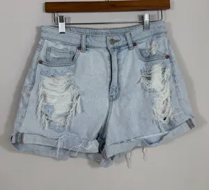 American Eagle Size 8 Super High Rise Distressed Light Wash Denim Shorts thumbnail 1