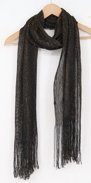 Unbranded Scarf Womens One Size Metallic Knit Black Gold Fringe Excellent thumbnail 1