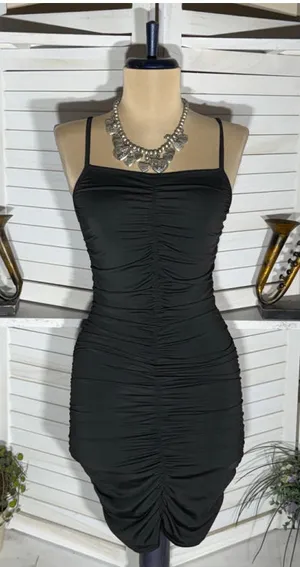 Vintage Y2K black mini dress ruched stretchy bodycon deep V homecoming clubbing thumbnail 1