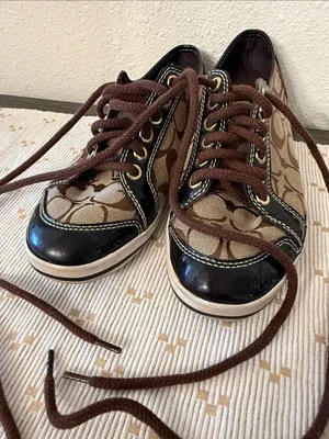 Coach Signature C Jacquard Patent Leather Low Top Sneakers Brown Khaki Size 7 thumbnail 11