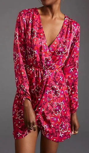 Anthropologie Maeve Pink Satin Floral Wrap Midi Dress Women’s Sz XS thumbnail 1