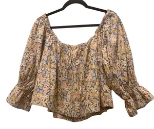 Free People James Smock $128 Boxy Crop Top Off Shoulder Puff Sleeve Blouse M thumbnail 1