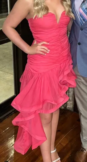 Hazel and Olive Hot pink strapless asymmetric ruffle dress thumbnail 1
