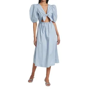 WAYF Peggy Twist Cut Out Short Puff Sleeve Midi Dress Blue Wedding Summer Cute 8 thumbnail 2