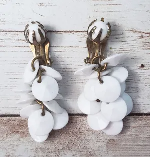 Vintage Clip On Earrings White Dangle - 1 & 5/8" Long thumbnail 1