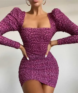 Oh Polly Purple Leopard Print Mesh Ruched Bodycon‎ Dress Size 2 thumbnail 1