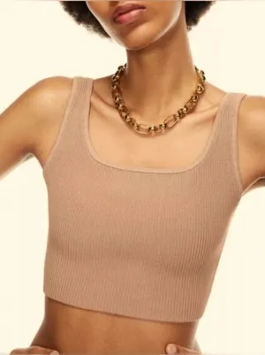 Aritzia Babaton Sculpt Knit Squareneck Cropped Ribbed Tank Small Taupe Tan Beige thumbnail 1