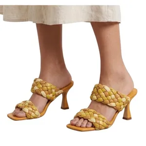 Marc Fisher LTD Dalila Yellow Multi Braided Square‎ Toe Kitten Heel Mules 7.5M thumbnail 1