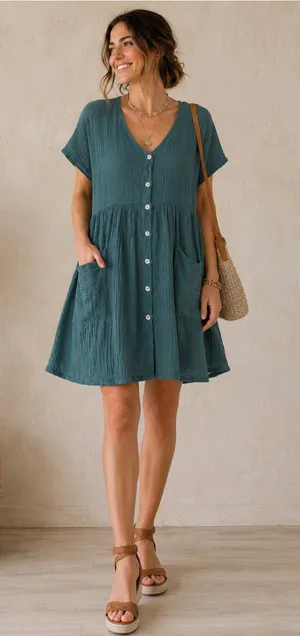 ✨Camille & Co Made In Italy Cotton Gauze Babydoll Dress‎ Size M Teal Boho✨ thumbnail 1