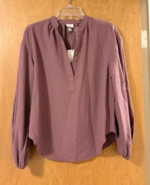 A New Day Popover Blouse Womens Small Mauve Textured Band Collar Bishop Sleeve thumbnail 1