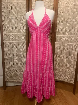 Zara Hot Pink Halter-Style Maxi Dress with White Print thumbnail 2