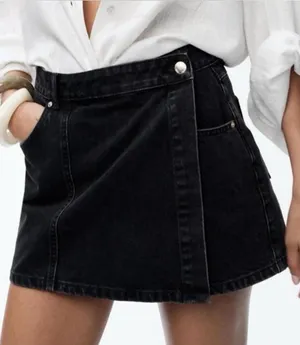 Zara Black Denim Asymmetrical Crossover Skort thumbnail 1