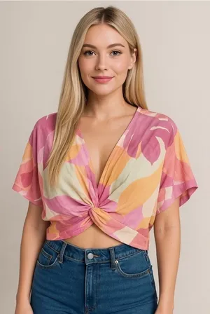 Garage Pink, Yellow & Cream Twist-Knot Crop Top thumbnail 1
