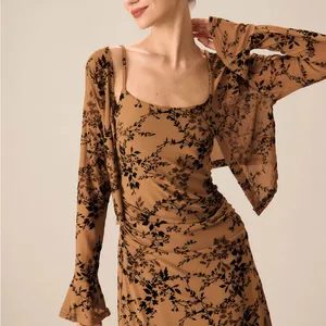 Rihoas Brown Floral Two-piece Midi Dress thumbnail 2