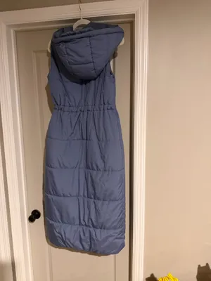 Dusty blue full length puffy vest with hood thumbnail 3