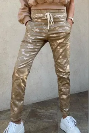 Bevy Flog Shely Beige Gold Metallic Camo Drawstring Pants Size 25 thumbnail 1