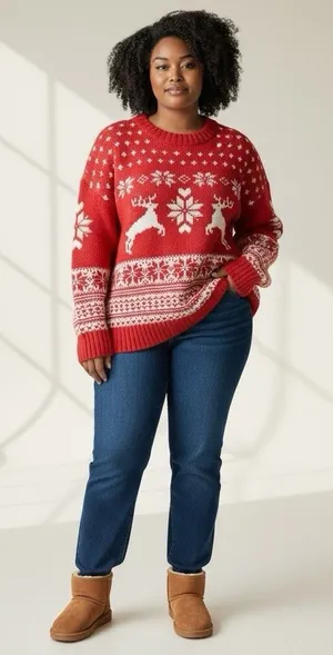 Fat Face UK Wool Blend Fair Isle Red Cream Reindeer Ski Resort Sweater Size 18 thumbnail 1