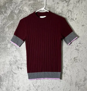 TOME Plum Ribbed Merino Wool Blend Short Sleeve Sweater Contrast Trim Size Small thumbnail 1