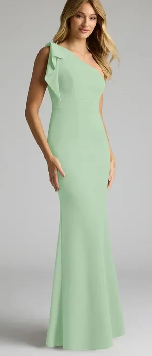 NWT Azazie Rinna Dusty Sage Green Mermaid One Shoulder Stretch Crepe Maxi Dress thumbnail 1