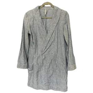 Free People “Done Up In Denim” Sz Small Blue Mini Dress Deep V Shawl Collar Boho thumbnail 4