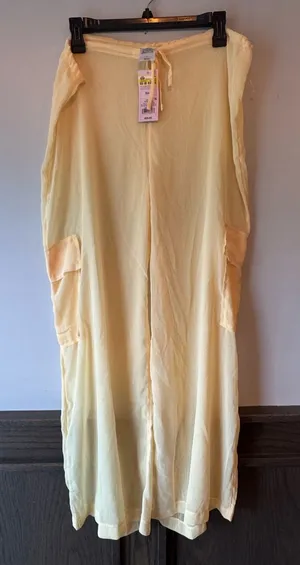 Light Yellow Wide Leg Drawstring swim coverup cargo Pants small nwt thumbnail 1