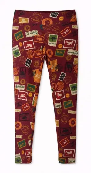 LuLaRoe Leggings One Size Burgundy Travel Stamp Print Buttery Soft Stretch Pants thumbnail 1