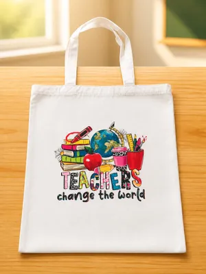 Teachers Change the World Canvas Tote - Cream with Colorful Print thumbnail 3