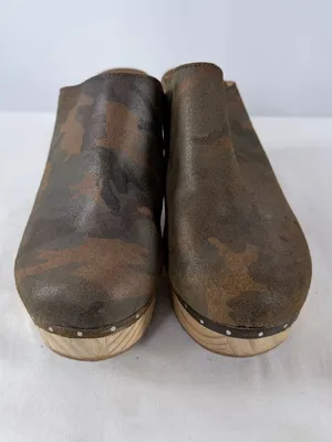 Chelsea & Violet Jana Camo Leather Wooden Clogs Brown Black Size‎ 9 thumbnail 3