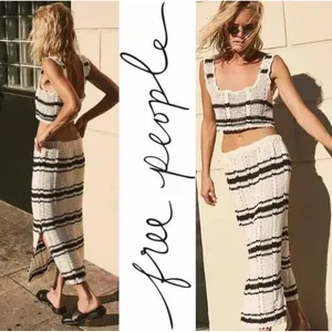 Free People Beach Crochet Set Women Medium Ivory Black Good Striped 2-Piece thumbnail 2