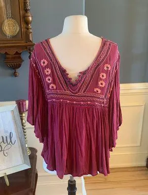 Flowy Maroon Hippie Top Embroidered Top Batwing Shirt Womens M Earthy thumbnail 1