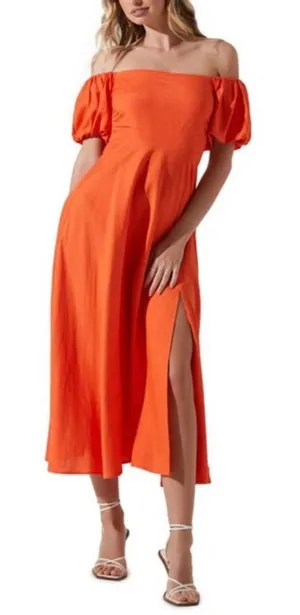 ASTR The Label Orange Off The Shoulder Midi A-Line Dress - Size Medium thumbnail 1