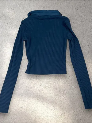GUESS Lace-Up Collared Crop Top Women's XS Navy Ribbed Long Sleeve Y2K Cybercore thumbnail 4
