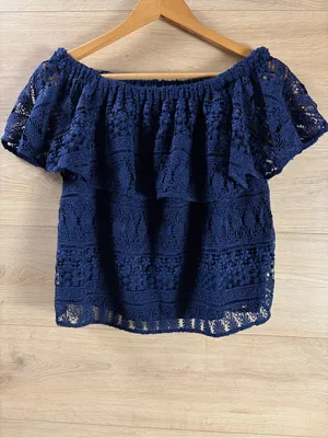 LIKELY Off-Shoulder Navy Lace Top XS thumbnail 3