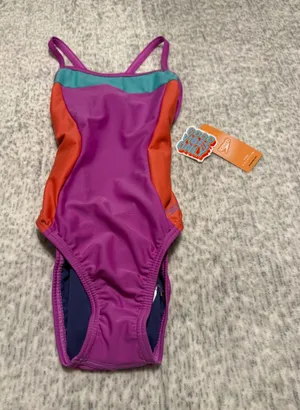 Speedo One Piece Swimsuit Neon Violet Color Block Athletic Size 28‎ NWT thumbnail 1