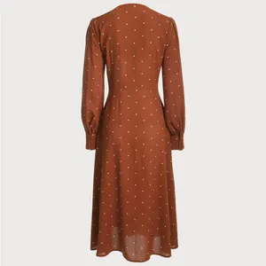 Rihoas Brown Polka Dot Pleated Midi Dress thumbnail 5