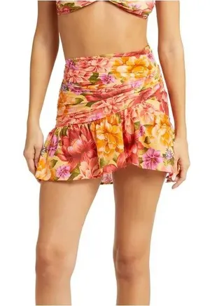 FARM Rio Lia Pink Orange Yellow Floral Ruffled Swim Coverup Skirt Small thumbnail 1