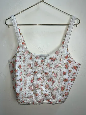 American Eagle Outfitters White Floral Lace-Trim Crop Top Small thumbnail 1