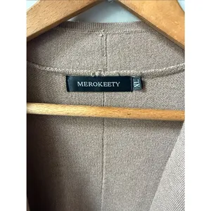 Merokeety Long Open Front Wool Blend Cardigan Duster Sweater Coat Pockets Camel thumbnail 2