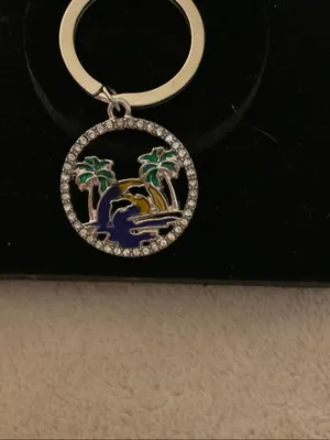 Silver Palm Tree & Dolphin Enamel Keychain - Blue, Green, Gold Accent thumbnail 2