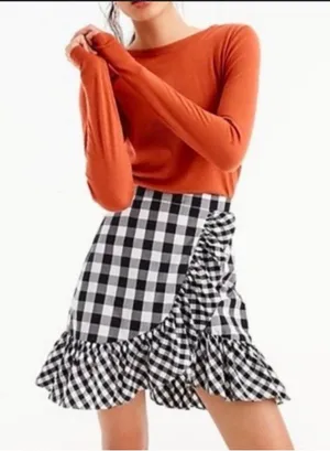 J Crew Skirt Womens 2 Black White Gingham Mini Asymmetric Ruffle Wrap A‎ Line thumbnail 1